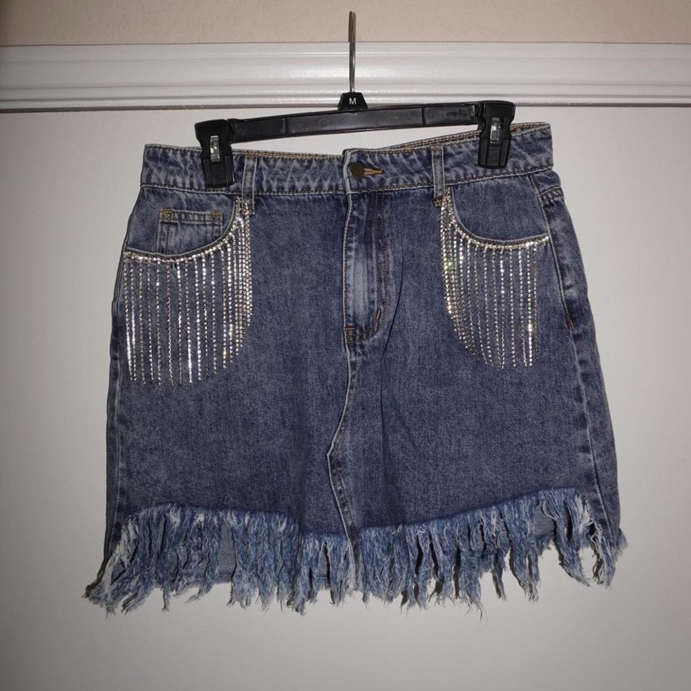 Blue Embellished Ruffled Mini Skirt